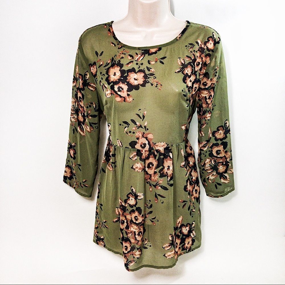 O’Neill Green Floral Sheer Top Sz M